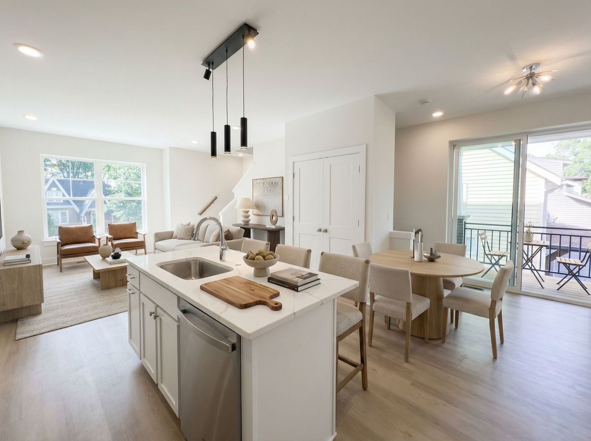 Kitchen island, dining area, and balcony